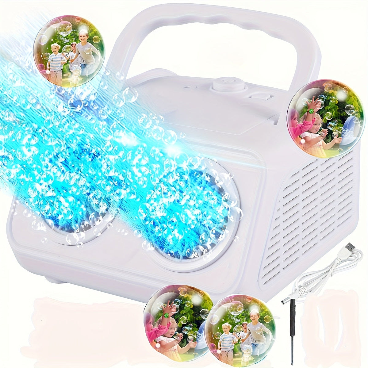 Machine à bulles automatique pour enfants et tout-petits – Souffleuse à bulles électrique avec 2 ventilateurs, plus de 20 000 bulles par minute, fonctionne sur piles, solution à bulles incluse, jouet à bulles d'extérieur pour fêtes et anniversaires