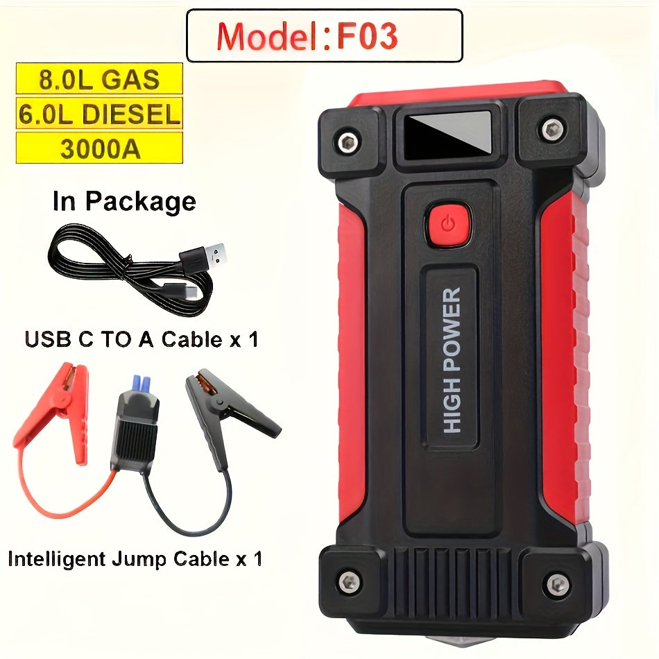 Démarreur de batterie portable pour voiture 1600A–3000A 12V – Booster d'urgence compact pour moteurs essence et diesel avec ports de charge USB et lampe de poche LED