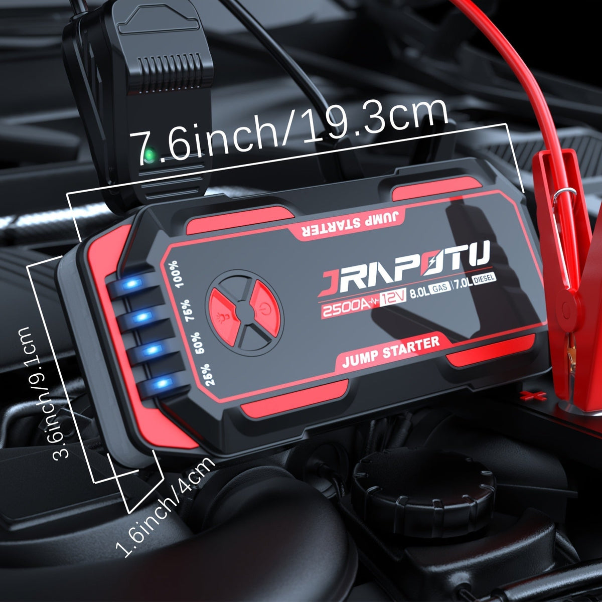 Démarreur de voiture portable 2500A crête | Booster de batterie 12V 8000mAh-10000mAh, jusqu'à 30 démarrages, ports de charge USB et lampe de poche LED – Convient aux moteurs essence 7.0L et diesel 8.0L, camions, SUV, motos