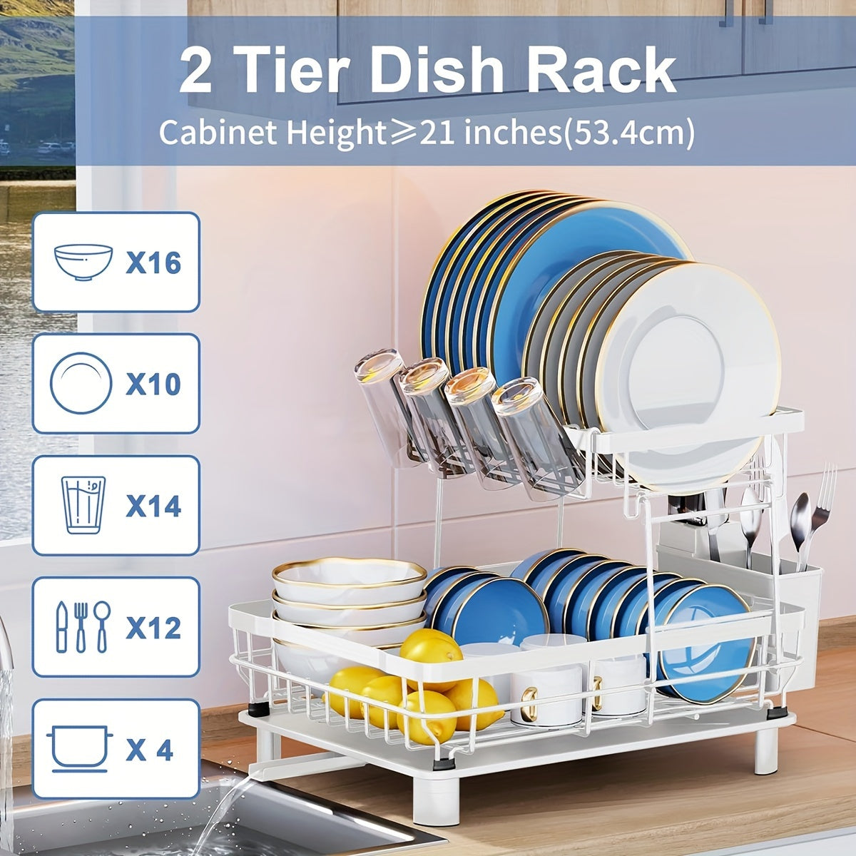 Égouttoir à vaisselle à 2 niveaux avec plateau d'égouttage et porte-ustensiles amovible – Égouttoir grande capacité pour comptoir de cuisine, égouttoir pour vaisselle, ustensiles de cuisine et couverts – Design peu encombrant