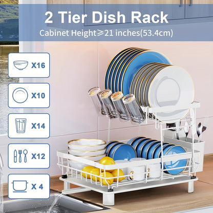 Égouttoir à vaisselle à 2 niveaux avec plateau d'égouttage et porte-ustensiles amovible – Égouttoir grande capacité pour comptoir de cuisine, égouttoir pour vaisselle, ustensiles de cuisine et couverts – Design peu encombrant