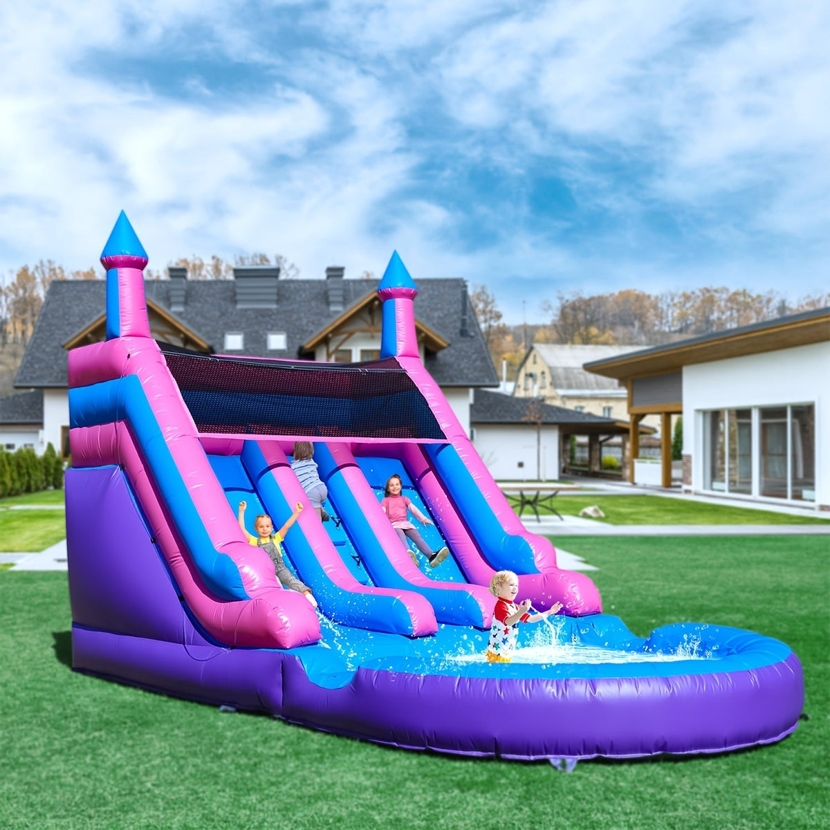 Toboggan aquatique gonflable avec château gonflable 6,4 x 3,35 x 4,1 m avec piscine, toboggan humide/sec pour enfants, aire de jeux extérieure, structure gonflable robuste de qualité commerciale avec toboggan intégré - Cadeau d'été idéal pour les enfants