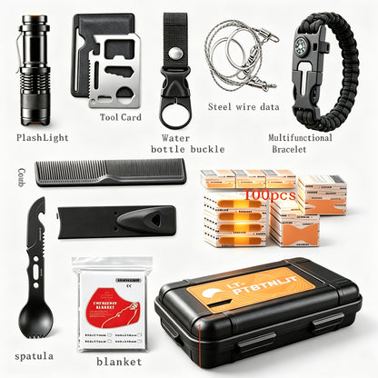 Kit de survie pour homme, ensemble d'équipement d'urgence de 12 à 115 pièces avec pierre à feu et multi-outil pour camping, randonnée, chasse, pêche, aventure en plein air, cadeau pour papa ou mari