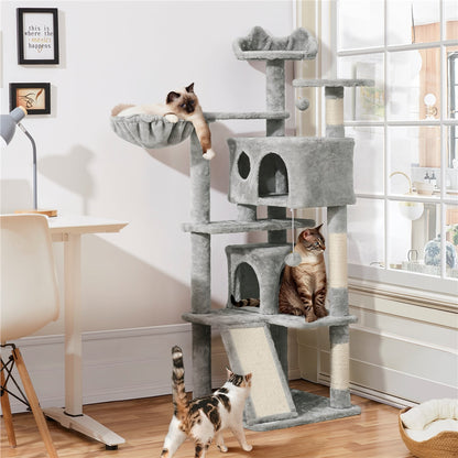 Arbre à chat multiniveaux de 145 cm avec 2 niches – poteaux à griffer en sisal, balle suspendue, plateforme ronde et échelle pour chatons et petits chats d'intérieur, 6 couleurs, cadeau de Noël pour les amoureux des chats