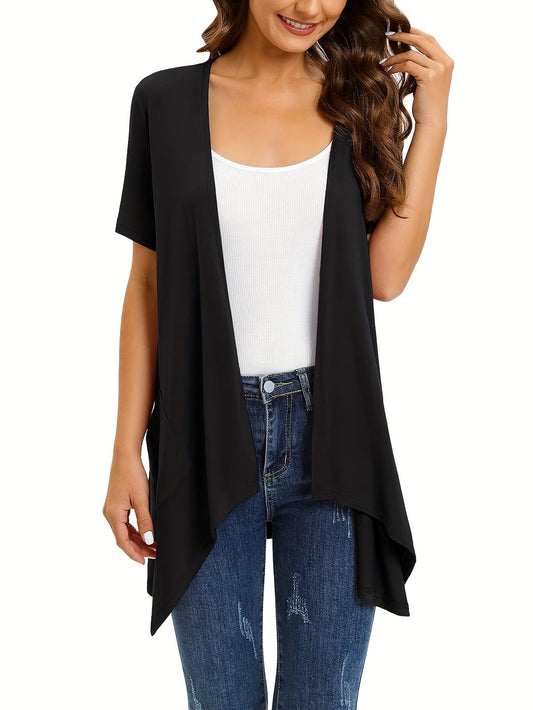 Cardigan en tricot à manches courtes, col nu et ourlet asymétrique pour femme avec deux poches et devant ouvert - Vêtement d'extérieur léger et décontracté pour le printemps, l'été et les vacances à la plage