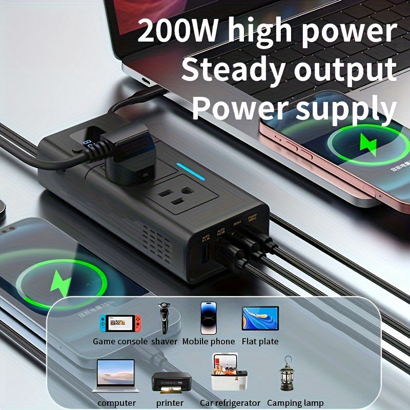 Onduleur de voiture 200W 12V vers 110V AC – Convertisseur DC vers AC avec USB-C, charge rapide QC3.0 et deux ports USB, adaptateur de prise de voiture pour ordinateur portable, téléphone, camping et voyages (aucune batterie requise)