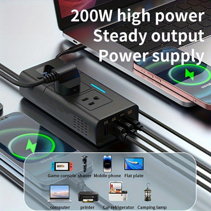 Onduleur de voiture 200W 12V vers 110V AC – Convertisseur DC vers AC avec USB-C, charge rapide QC3.0 et deux ports USB, adaptateur de prise de voiture pour ordinateur portable, téléphone, camping et voyages (aucune batterie requise)