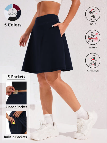 Jupe-short pour femme, longueur genou, 50 cm, avec 5 poches – Jupe de sport taille haute avec short intégré pour le tennis, le golf et le pickleball, jupe-short longue de sport, tailles S-XXL, coloris variés