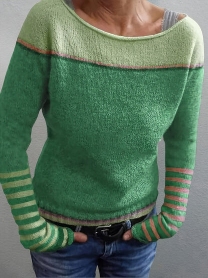 Pull en maille asymétrique pour femme à rayures et blocs de couleurs, manches longues, encolure large épaules dénudées, haut décontracté chic pour printemps et automne, gris bleu vert violet S-XL