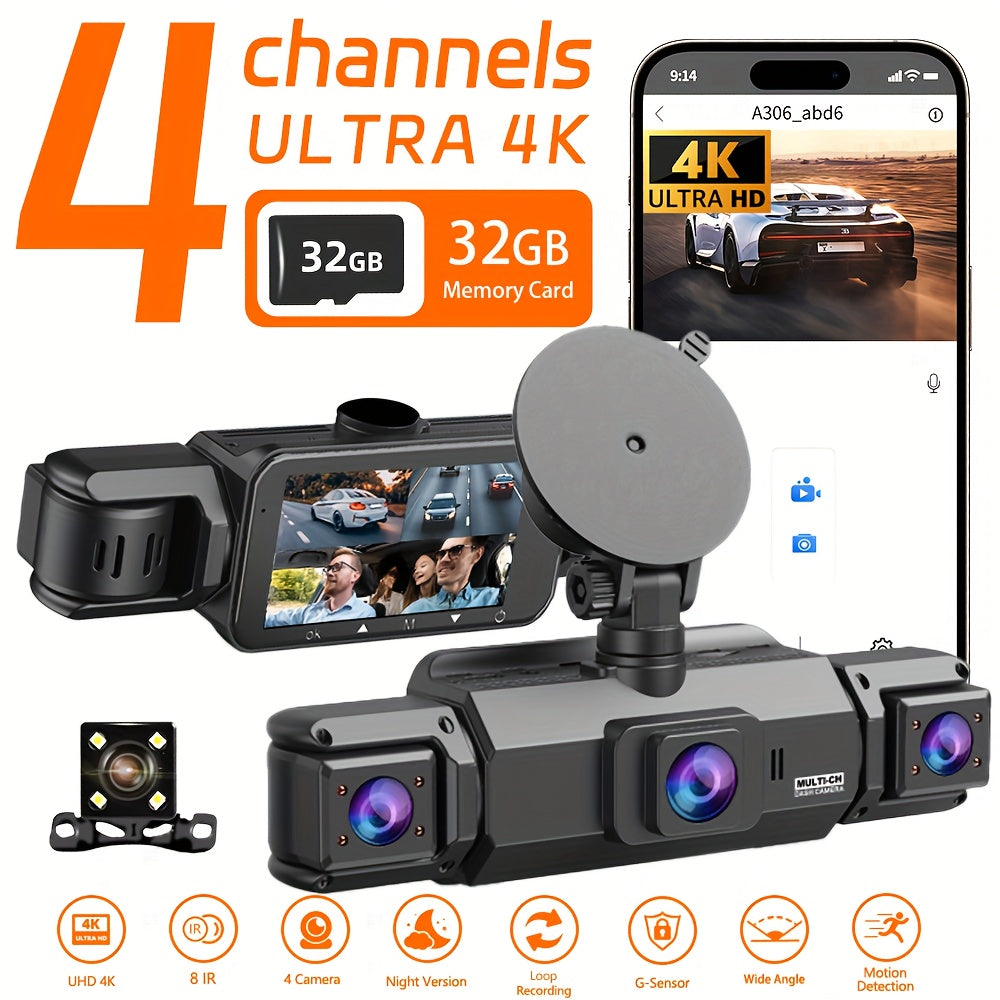 Dashcam 4K avec caméra rotative 360° à 4 canaux, carte SD 32 Go offerte, vision nocturne, enregistrement en boucle 24h/24, moniteur de stationnement, caméras avant 4K et latérales/arrière 1080p, pour tous véhicules