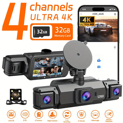 Dashcam 4K avec caméra rotative 360° à 4 canaux, carte SD 32 Go offerte, vision nocturne, enregistrement en boucle 24h/24, moniteur de stationnement, caméras avant 4K et latérales/arrière 1080p, pour tous véhicules