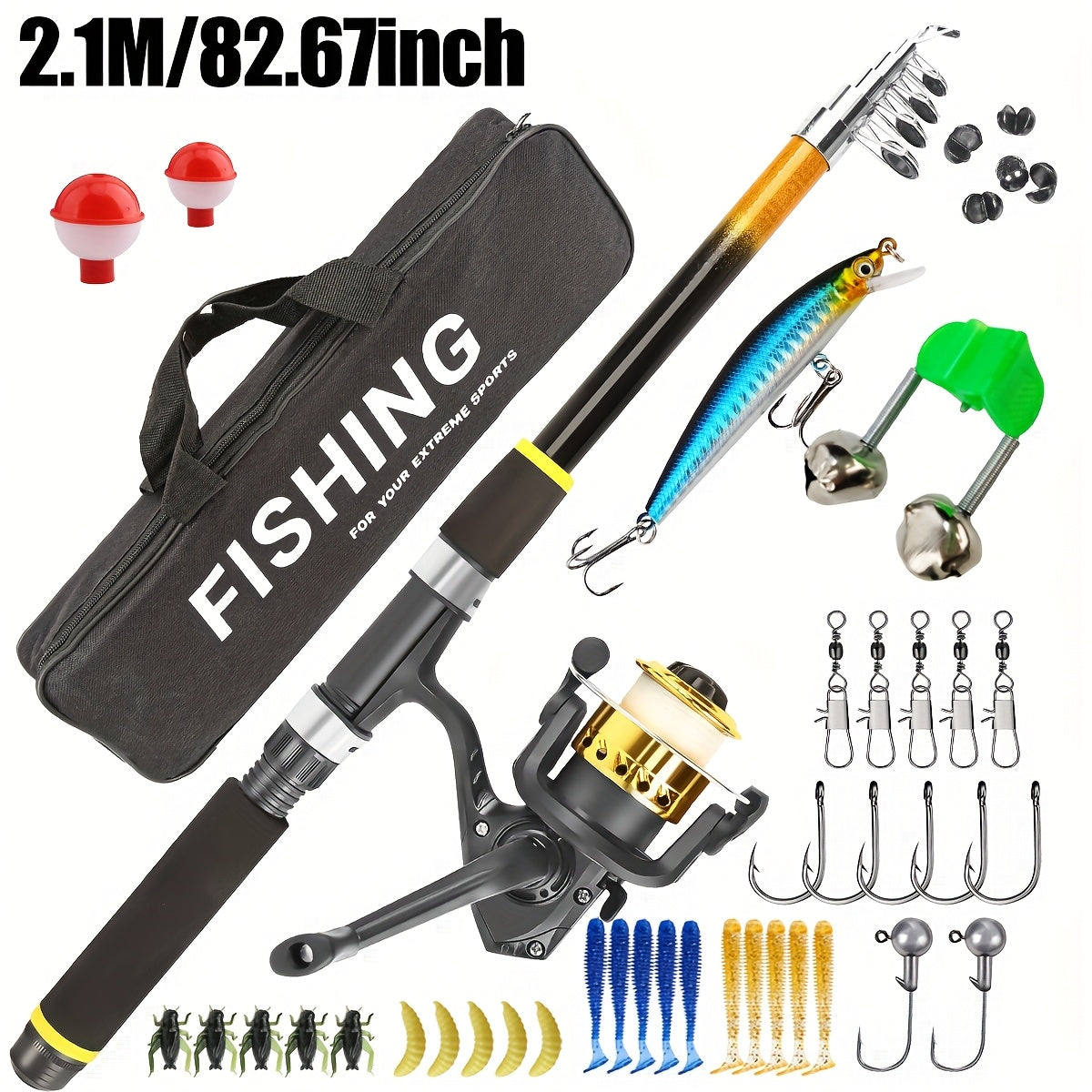 Kit de pêche complet pour débutant avec canne et moulinet – Canne spinning medium light avec leurres souples et durs, moulinet ambidextre, accessoires inclus, set de démarrage complet pour adultes et enfants