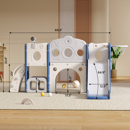 Toboggan pour enfants, aire de jeux intérieure et extérieure avec panier de basket et télescope, équipement de terrain de jeu pour jardin, cadeau d'anniversaire pour filles et garçons, gris, blanc, orange et vert