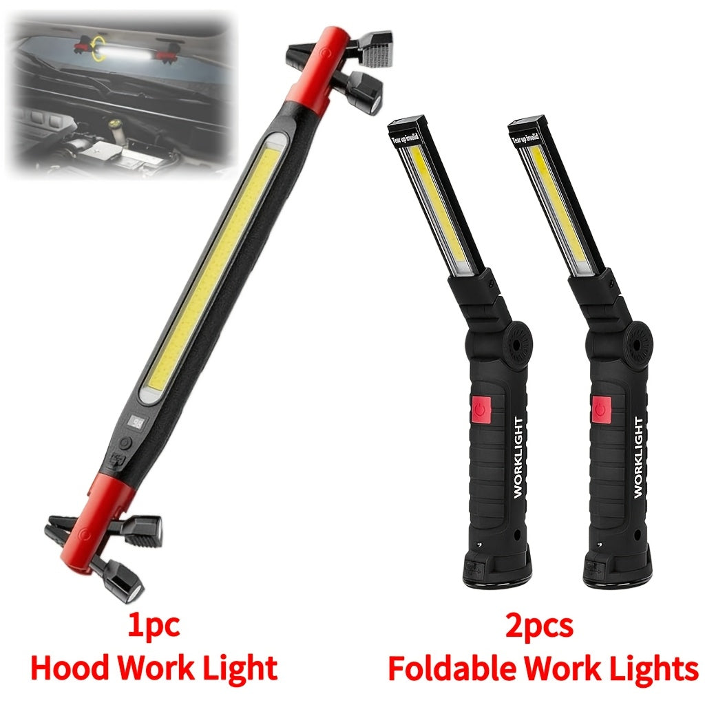 Lampe de travail LED COB rechargeable avec base magnétique – Lampe de poche portable de camping 1000 lumens, 5 modes, USB-C, lampe suspendue pour garage, jardin, urgence et extérieur, lot de 2/3/4