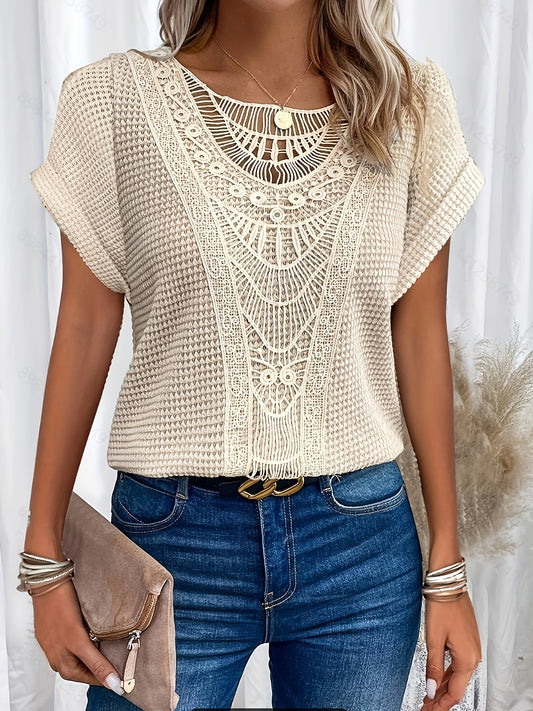 Blouse à manches chauve-souris et bordure en dentelle pour femme – Haut en maille élégant, respirant et semi-transparent, coupe droite décontractée, lavable en machine, chemisier chic et décontracté pour toutes les saisons