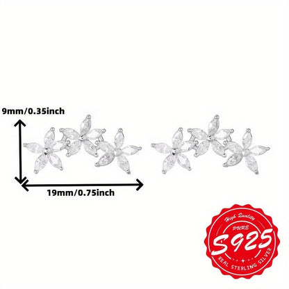 Boucles d'oreilles fleur  à cinq pétales en argent sterling S925 pour femme – Clous d'oreilles brillants, élégants et hypoallergéniques, design floral unique pour le quotidien, anniversaire et cadeau pour femme (4,65 g)