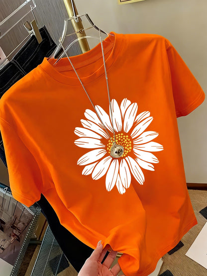 T-shirt à col rond imprimé marguerites pour femme | Hauts d'été décontractés pour femme, t-shirts à manches courtes avec motif floral mignon S M L XL XXL
