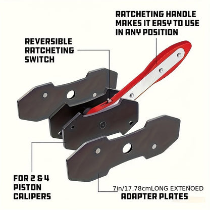 Outil de compression d'étrier de frein à cliquet 360° – Presse écarteur de piston pour étriers de frein à disque fixes et flottants à 2 et 4 pistons, acier allié, 2 entretoises incluses, poignée rouge, outil de réparation automobile