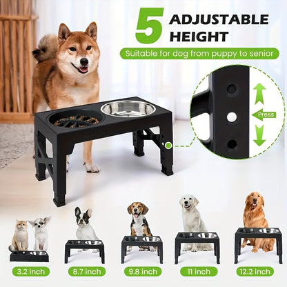 Support de gamelle réglable en hauteur avec gamelle anti-glouton et bol en acier inoxydable – Station de nourriture pliable à 5 niveaux pour chiens et chats de taille moyenne à grande, noir et rose