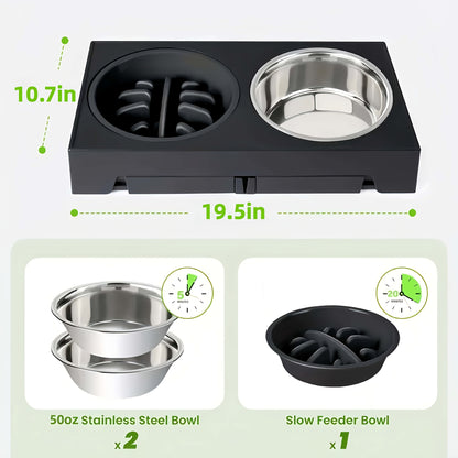 Support de gamelle réglable en hauteur avec gamelle anti-glouton et bol en acier inoxydable – Station de nourriture pliable à 5 niveaux pour chiens et chats de taille moyenne à grande, noir et rose
