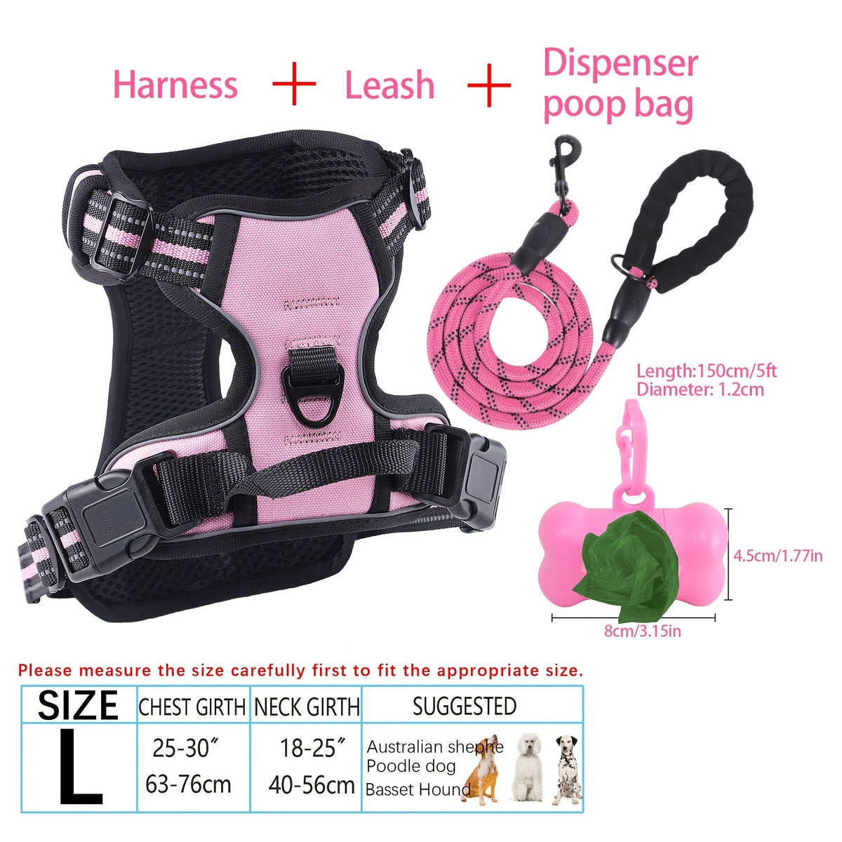 Ensemble harnais et laisse pour chien 4 pièces, gilet réfléchissant en Oxford anti-traction et anti-étranglement avec laisse, distributeur de sacs à déjections et poignée de contrôle facile, pour chiens moyens et grands, dressage et promenade en extérieur