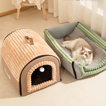 Niche pour chien pliable 2-en-1 toutes saisons – Maison pour animaux entièrement fermée avec poignée, nid douillet, doux et antidérapant, lavable pour chiens et chats de grande, moyenne et petite taille – Bavoir offert – Velora
