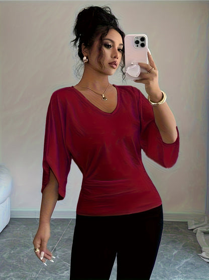Haut en maille à col en V et manches chauve-souris pour femme - T-shirt chemisier décontracté à coupe ample, manches trois-quarts et taille haute pour le printemps, l'été et l'automne, pull mi-long polyvalent, blanc noir, tailles XS-XL
