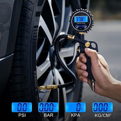 Gonfleur de pneu numérique avec manomètre – 200 PSI, écran LCD rétroéclairé, 4 unités (PSI/BAR/KPA/KGF), mandrin en laiton, 3 connecteurs, pour voiture, camion, moto et vélo | Velora