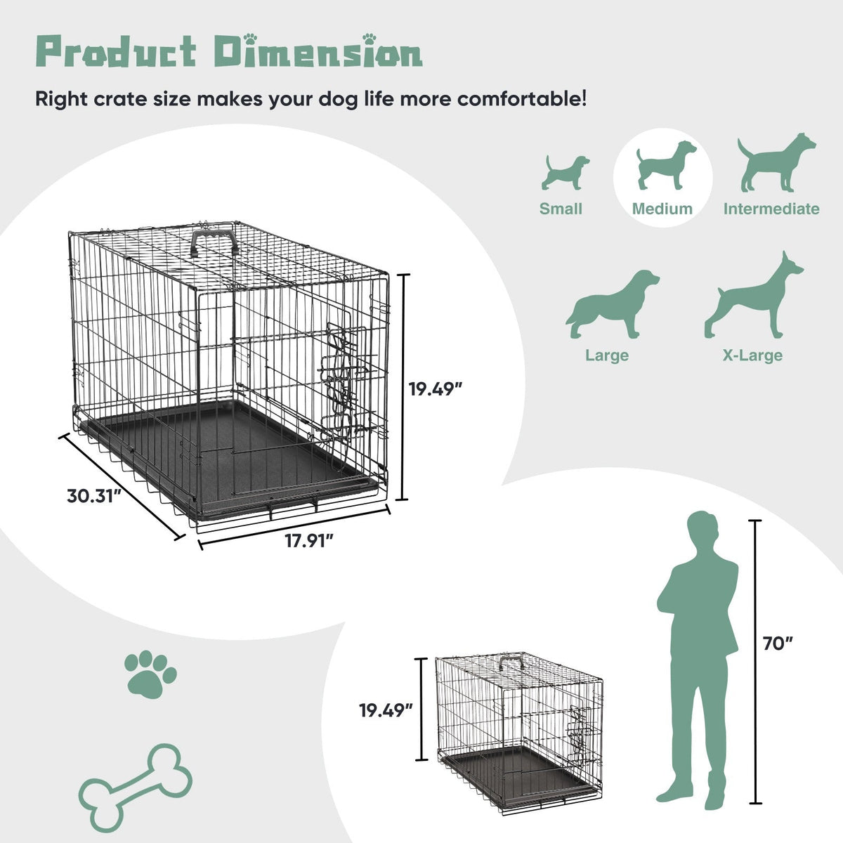 Cage pour chien pliable en fil métallique avec séparateur et plateau étanche – Chenil en métal repliable à double porte pour chiens de petite, moyenne et grande taille, pour intérieur, extérieur et voyage