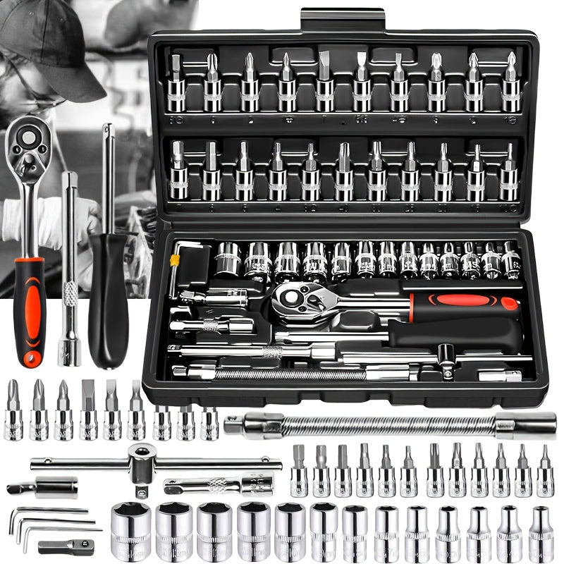 Ensemble d'outils de réparation pour maison et voiture 46 pièces – Jeu de clés à cliquet, tournevis et douilles pour réparations de voitures, motos, vélos et entretien domestique