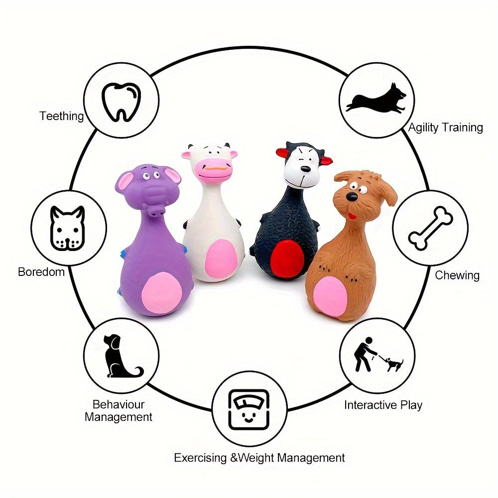 Lot de 4 jouets couineurs en latex pour chiens – Jouets à mâcher en forme de personnages au gros ventre pour chiots et chiens actifs, jeu interactif pour l'hygiène dentaire, accessoires durables et amusants pour les mâcheurs agressifs