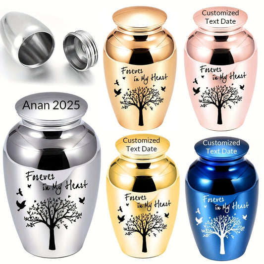 Mini urne funéraire personnalisable pour cendres humaines et animaux - Petite urne souvenir en alliage d'aluminium Arbre de vie, contenant funéraire personnalisé « Forever in My Heart », plusieurs couleurs de couvercle