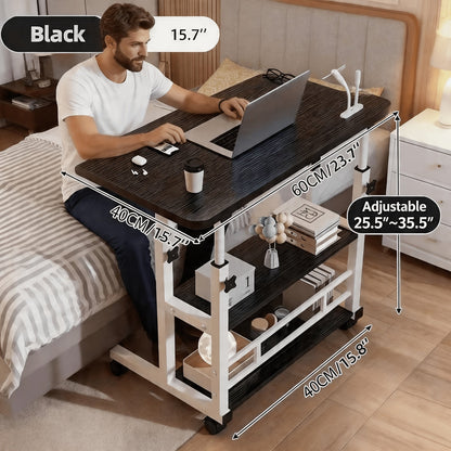 Bureau de lit roulant réglable en hauteur de 58 à 89 cm avec étagère de rangement et roulettes multidirectionnelles pour chambre à coucher, bureau ou ordinateur portable