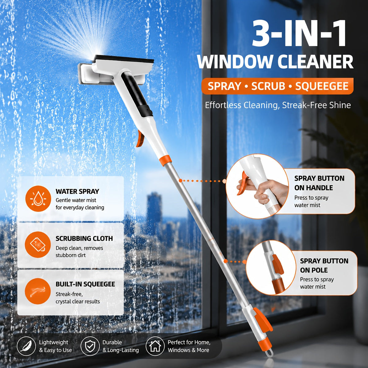 Kit de nettoyage pour vitres 3-en-1 avec rac lette et grattoir sur manche métallique durable pour fenêtres en hauteur, parois de douche et pare-brise de voiture – Outil de nettoyage domestique sans traces