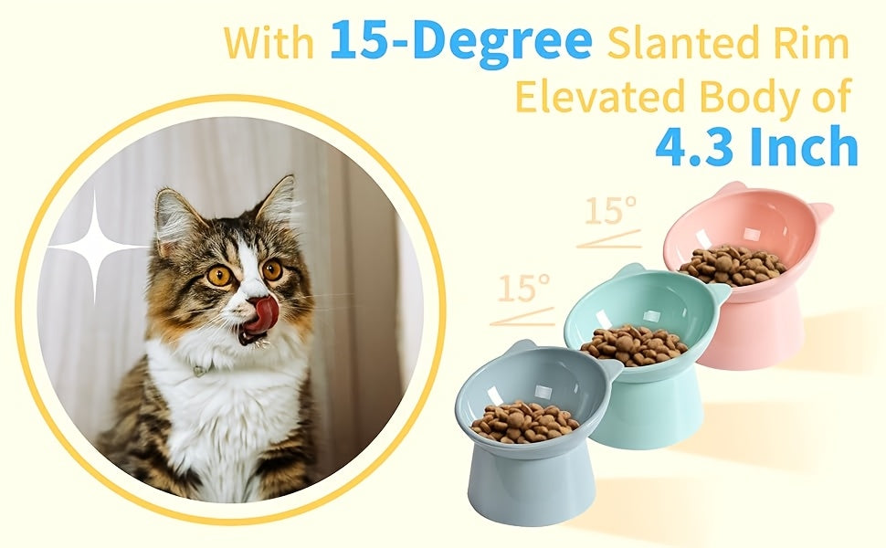 Ensemble de 3 gamelles surélevées pour chat en forme d'oreilles de chat, support antidérapant, design ergonomique pour le cou, écuelle pour animaux tricolore (rose, vert, bleu), idéal pour foyer à plusieurs chats