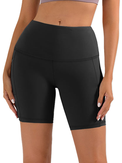 Short de yoga taille haute pour femme – Short de sport extensible 4 directions, anti-transpirant, avec ceinture élastique et poches latérales pour la course, le vélo et l'entraînement – Noir, gris foncé et bleu marine, tailles S-XXL