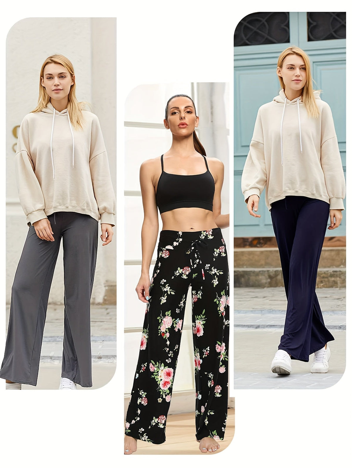 Pantalon palazzo large pour femme, lot de 4 – Pantalon fluide, extensible et décontracté à taille haute pour la plage ou la détente, pantalon habillé ample pour le quotidien, les vacances, l'été et grandes tailles – S à XXL, noir et couleurs assorties