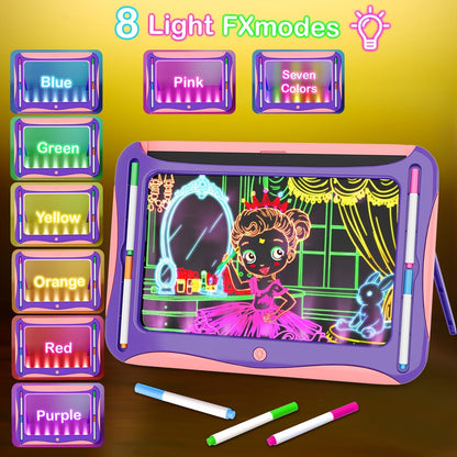 Tablette à dessin lumineuse LED pour enfants de 3 à 8 ans – Kit d’art phosphorescent avec 9 cartes recto-verso et 6 marqueurs, jouet éducatif de voyage, cadeau d'anniversaire et de Noël pour filles et garçons