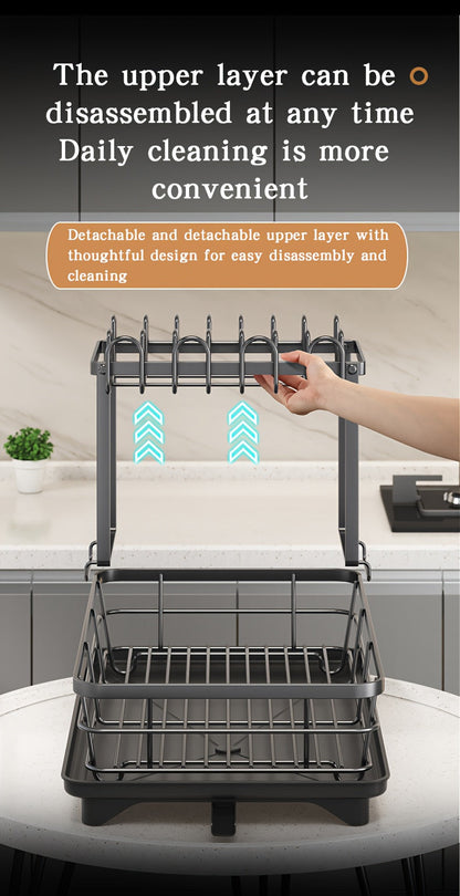 Égouttoir à vaisselle en métal à 2 niveaux avec porte-couverts, porte-gobelets et plateau d'égouttage antirouille – Égouttoir compact pour plan de travail de cuisine, égouttoir en acier durable pour tous types de surfaces