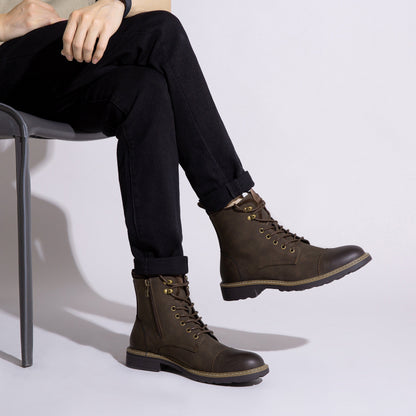 Bottes Chukka de moto pour homme – Bottines de ville en cuir véritable à lacets et fermeture éclair avec semelle antidérapante, bout renforcé, semelle intérieure rembourrée respirante, noir et marron | Velora