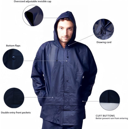 Ensemble de pluie imperméable pour hommes et femmes – Manteau de pluie léger et coupe-vent avec pantalon, équipement de pluie compact pour la randonnée, la pêche, le cyclisme et les sports de plein air, bleu marine, S-XXXL