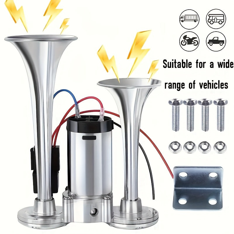 Kit de klaxon à air double 120 dB 12 V avec compresseur d'air – Klaxon de train/camion ultra puissant pour SUV, moto, pick-up, voiture et bateau – Klaxon électrique biton universel – Velora