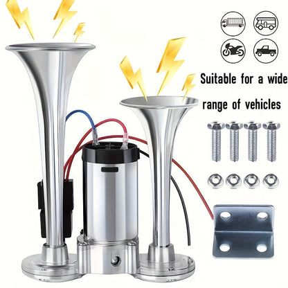 Kit de klaxon à air double 120 dB 12 V avec compresseur d'air – Klaxon de train/camion ultra puissant pour SUV, moto, pick-up, voiture et bateau – Klaxon électrique biton universel – Velora