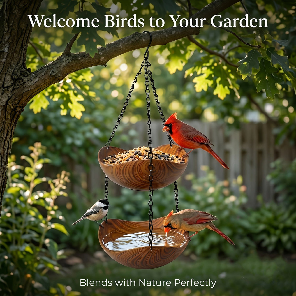 Lot de 2 mangeoires et abreuvoirs suspendus pour oiseaux - Mangeoire à un niveau en forme de bol avec aspect bois, chaîne en métal renforcée et crochet stable, mangeoire de jardin spacieuse pour oiseaux sauvages