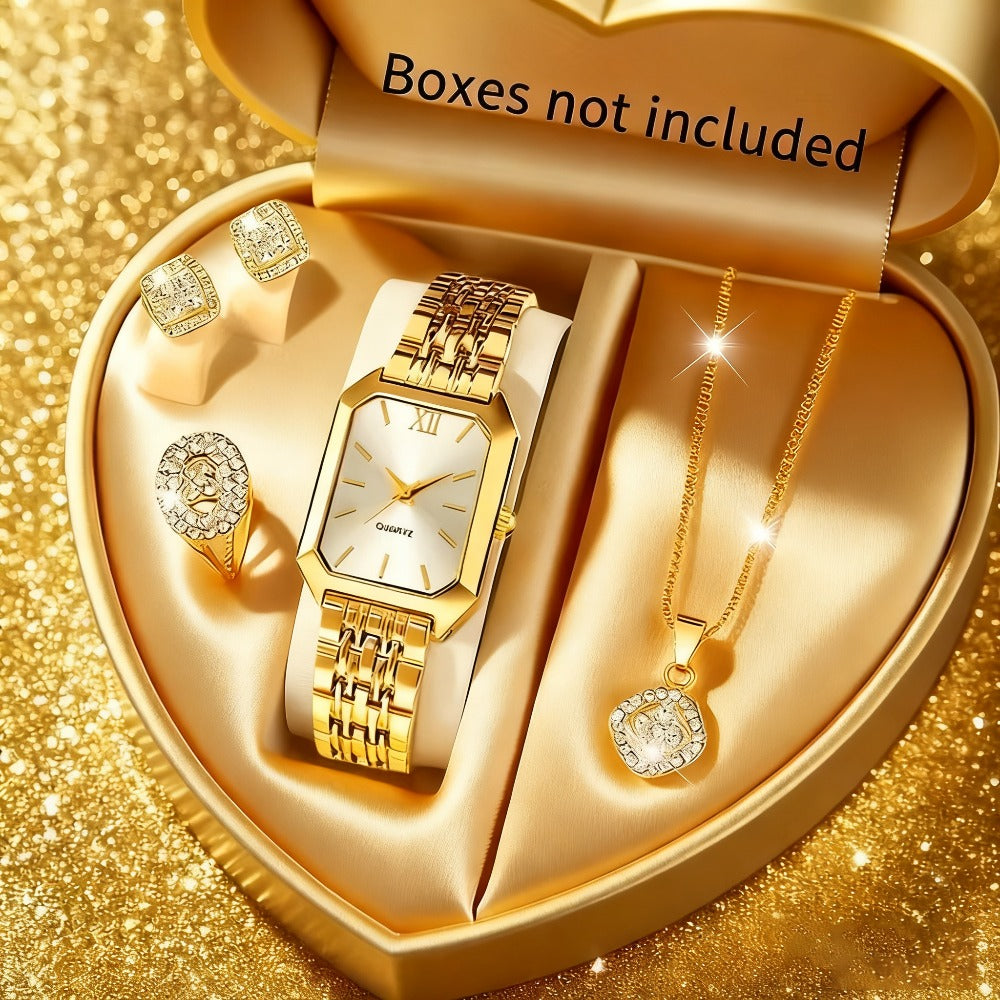 Ensemble montre à quartz et bijoux 5 pièces doré pour femme – Montre à cadran carré avec collier, boucles d'oreilles et bague assortis, ensemble cadeau élégant pour fêtes, mariages et occasions spéciales, 3 couleurs