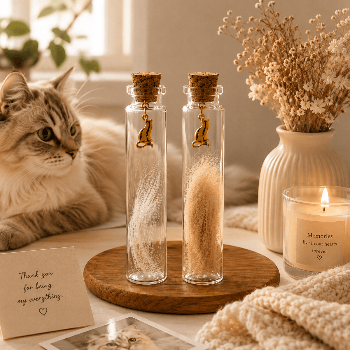 Ensemble de bocaux souvenirs pour poils d'animaux, 2 pièces – Flacons de mémoire en verre avec breloque chat dorée pour poils, moustaches et petits mots, cadeau de commémoration pour amoureux des chiens et chats