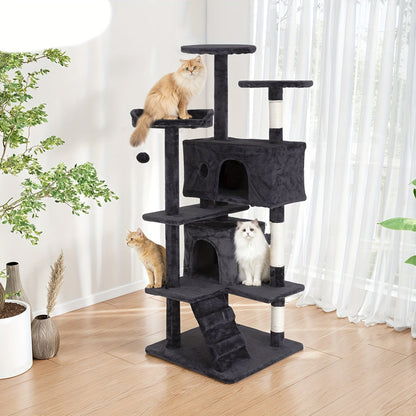 Arbre à chat de 137 cm pour chats d'intérieur – Centre d'activités à plusieurs niveaux avec poteaux à griffer, niche et jouets pour chatons et chats adultes, gris foncé