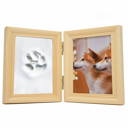 Cadre photo pour empreinte de patte d'animal avec kit de moulage en argile - Cadre souvenir pliable à poser pour chiens et chats, cadeau personnalisé pour premier anniversaire ou hommage après la perte d'un animal (Blanc/Noir/Bois)