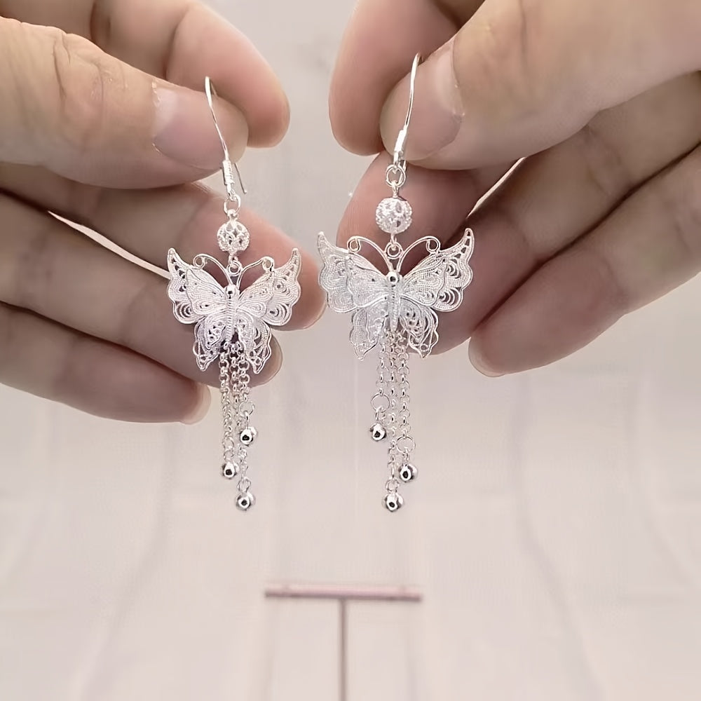 Boucles d'oreilles papillon en argent sterling S925 avec longs pompons – Élégantes boucles d'oreilles pendantes vintage pour femmes, mouvement gracieux inspiré de la nature, cadeau parfait pour les mariages, le quotidien et les amies