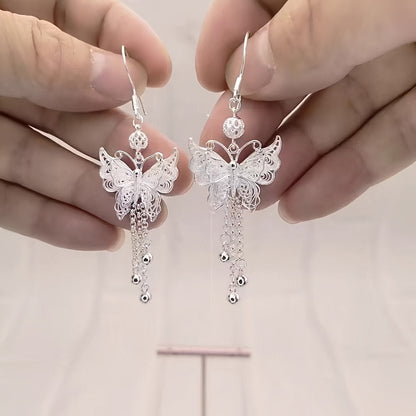 Boucles d'oreilles papillon en argent sterling S925 avec longs pompons – Élégantes boucles d'oreilles pendantes vintage pour femmes, mouvement gracieux inspiré de la nature, cadeau parfait pour les mariages, le quotidien et les amies
